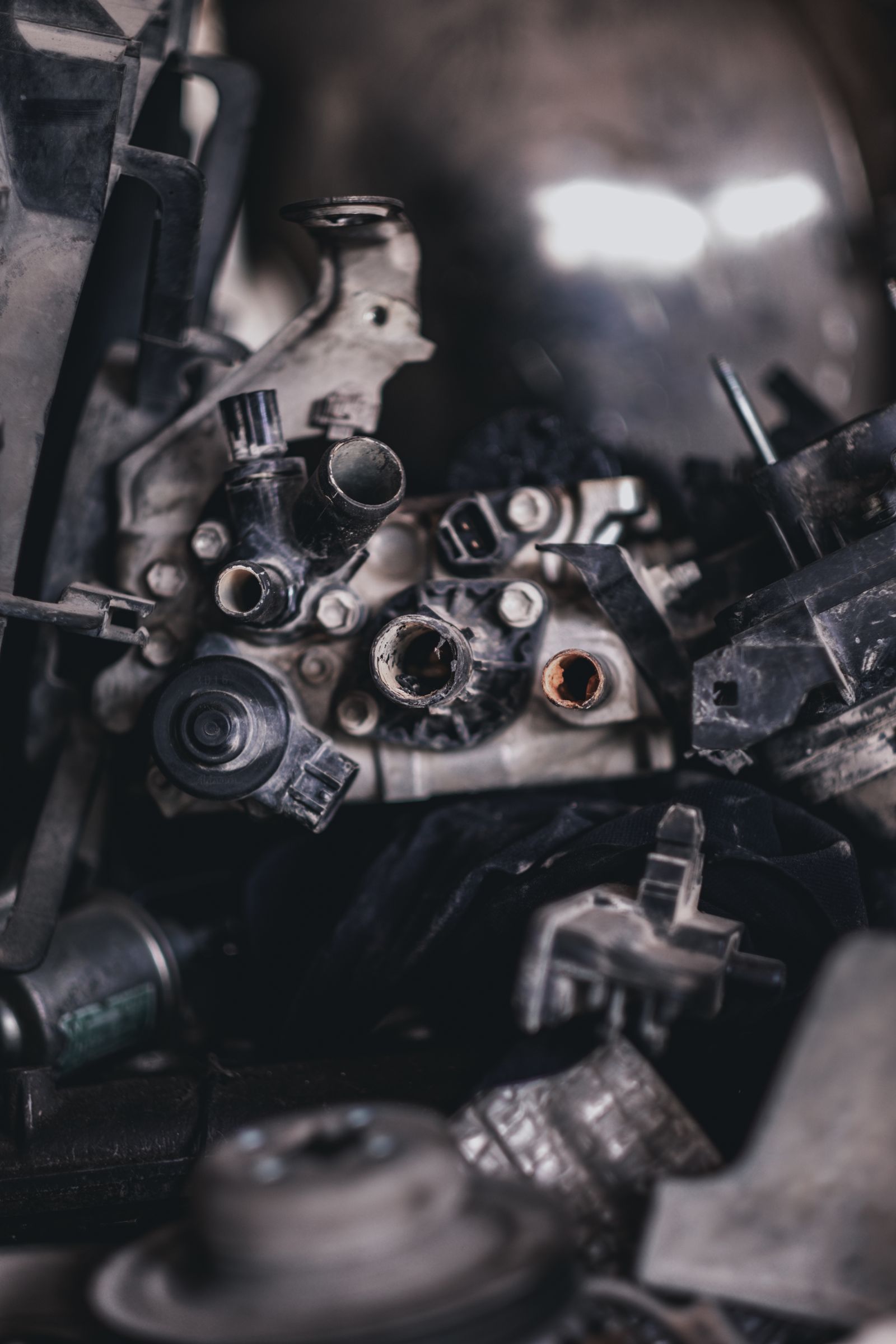 Machine components laid out in a workshop